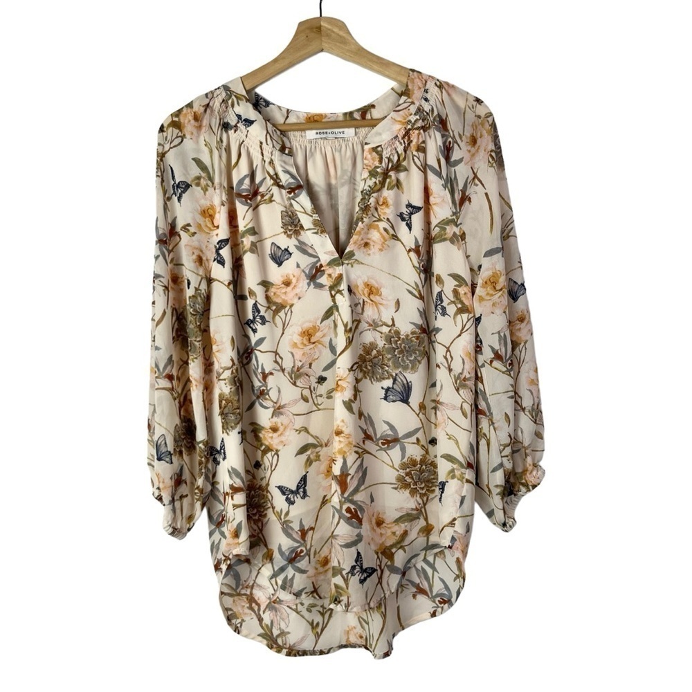 Rose + Olive Blush Pink Floral Butterfly Long Sleeve Blouse M